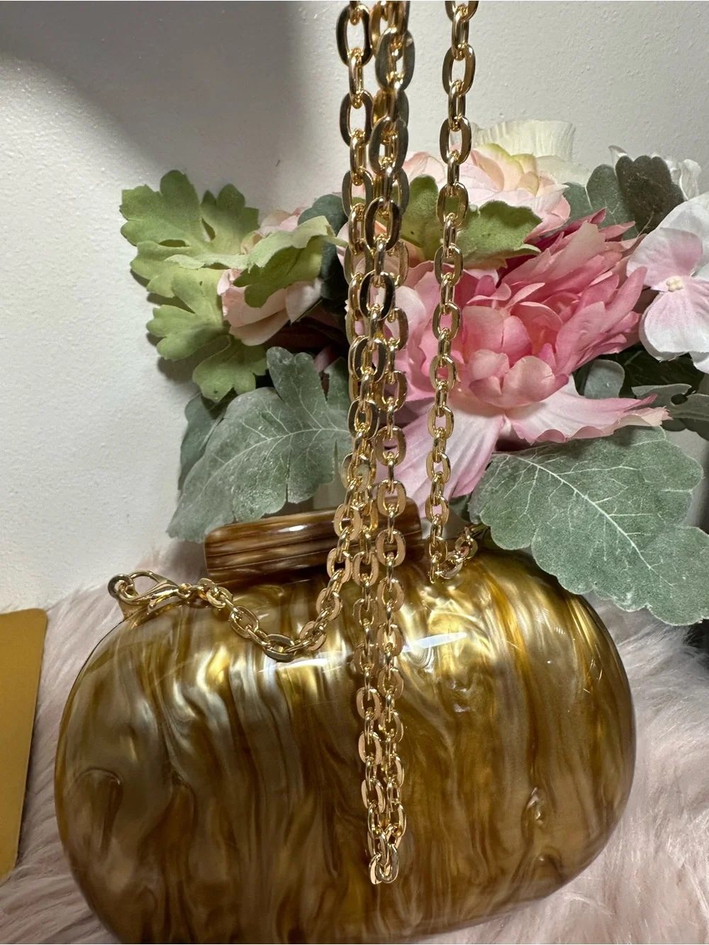 Gold Marbled Acrylic Evening Clutch with Chain Strap